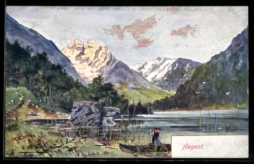 AK Allegorie zum August mit einem Boot auf dem See