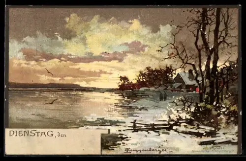 Künstler-AK Theodor Guggenberger: Wintergrüsse, Dienstag, den..., Landschaft