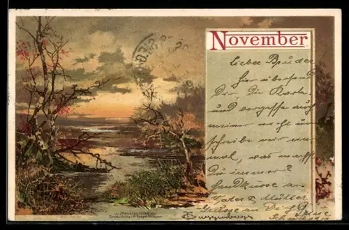 Künstler-AK Theodor Guggenberger: November, Landschaft im Abendrot