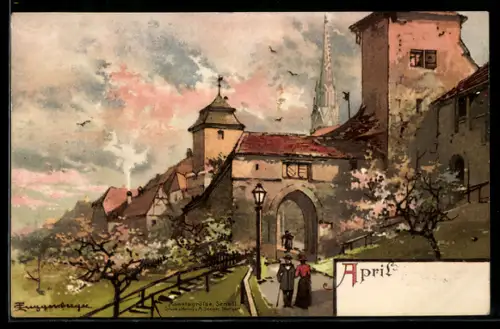Künstler-AK T.Guggenberger: Ortschaft im wechselhaften April
