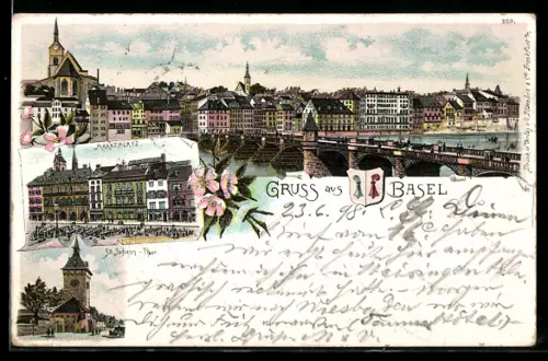 Lithographie Basel, St. Johann-Tor, Marktplatz, Ortspanorama, Wappen