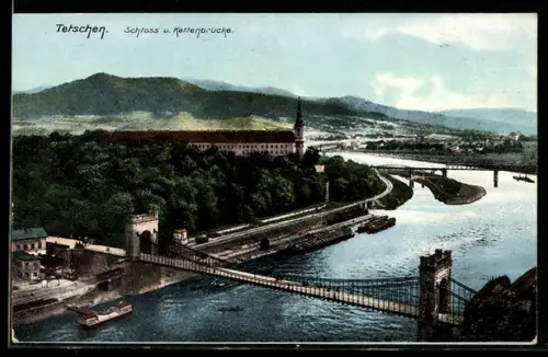 AK Tetschen / Decin, Kettenbrücke mit Blick auf Schloss