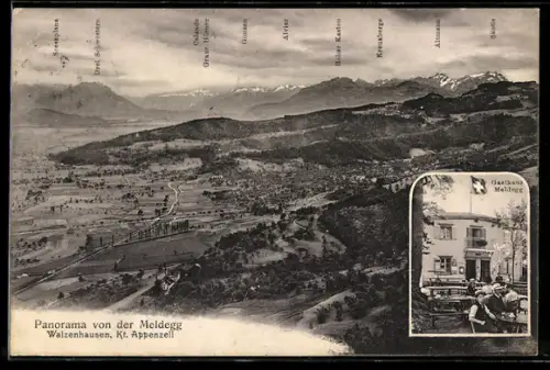 AK Walzenhausen, Panorama von der Meldegg & Gasthaus Meldegg