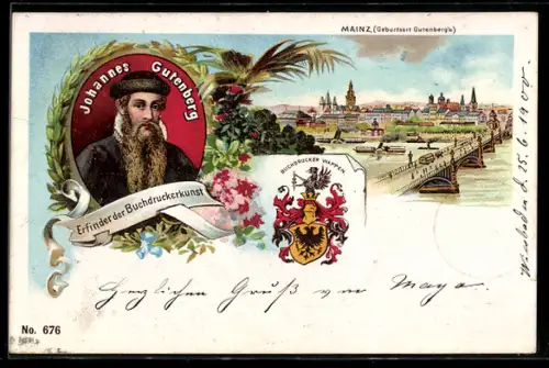 Lithographie Mainz, Johannes Gutenberg-Erfinder d. Buchdruckkunst, Gesamtansicht