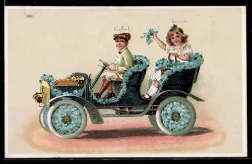 AK Paar in einem blumengeschmückten Auto