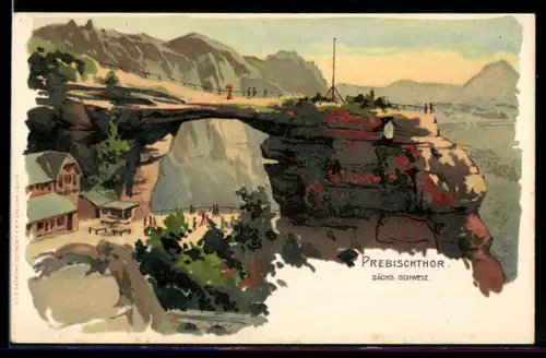 Lithographie Herrnskretschen / Hrensko, Blick auf das Prebischthor