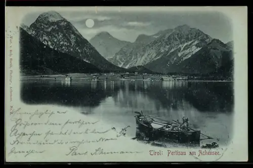 Mondschein-AK Pertisau am Achensee, Panorama mit Boot