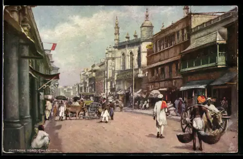 Künstler-AK Calcutta, Chitpore Road mit Anwohnern