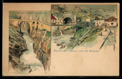 Lithographie Goeschenen, Imbocco nord del Gottardo, La Reuss al ponte del Diavolo