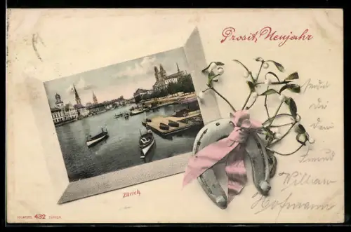 AK Zürich, Ortspartie am Fluss, Neujahrsgrüsse