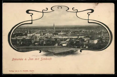 AK Braunau a. Inn, Ortsansicht mit Simbach im Jugendstil-Passepartout