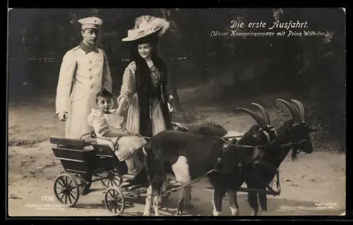 AK Die erste Ausfahrt, Kronprinz Wilhelm von Preussen mit Gattin und Prinz Wilhelm in Ziegengespann
