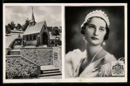 AK Küssnacht, Gedächtniskapelle Königin Astrid von Belgien, Porträt, Wappen, Chapelle Commémorative de Reine Astrid