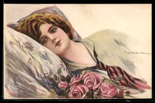 Künstler-AK T.Corbella: Frau liegt auf einem Kissen, Rosen