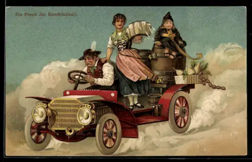 Präge-AK Mann in Tracht, Wirtin und Münchner Kindl im Auto