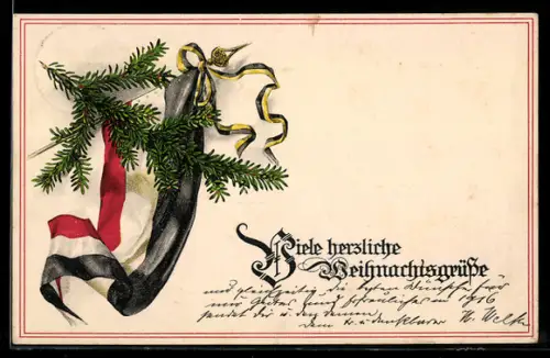 AK Fahne mit Schleife und Tannenzweig, Weihnachtsgruss