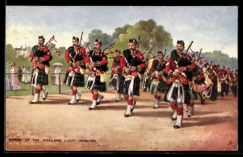 AK The Military in London, Pipers of the Highland Light Infantry, Schottische Musikkapelle, Dudelsack
