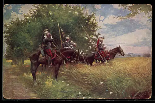 AK Les Dragons, französische Dragoner, Suchtrupp in Angriffsformation
