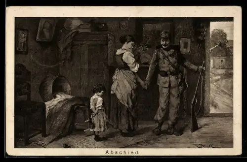 AK Soldat beim Abschied von Frau und Kind