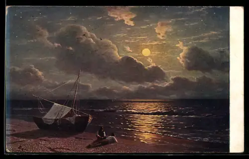 Künstler-AK sign. Kalmykoff, Mondaufgang am Meer, Segelboot, Russische Kunst