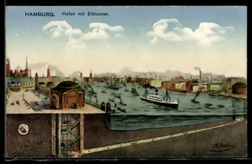 AK Hamburg, Hafen mit Elbtunnel