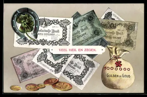 AK niederländische Geldscheine u. Geldstücke, Gulden, Geldsack, Hufeisen, Kleeblatt