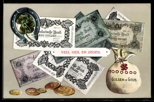AK niederländische Geldscheine u. Geldstücke, Gulden, Geldsack, Hufeisen, Kleeblatt