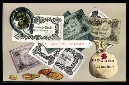 AK niederländische Geldscheine u. Geldstücke, Gulden, Geldsack, Hufeisen, Kleeblatt