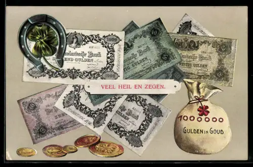 AK niederländische Geldscheine u. Geldstücke, Gulden, Geldsack, Hufeisen, Kleeblatt