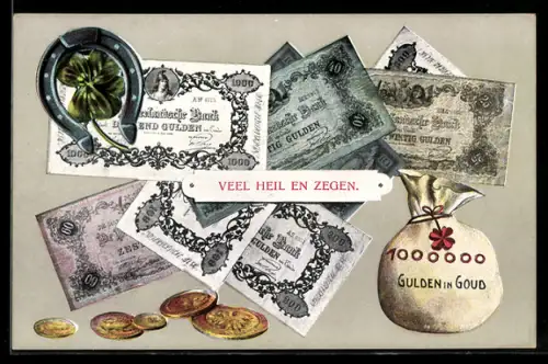 AK niederländische Geldscheine u. Geldstücke, Gulden, Geldsack, Hufeisen, Kleeblatt