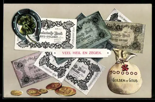 AK niederländische Geldscheine u. Geldstücke, Gulden, Geldsack, Hufeisen, Kleeblatt