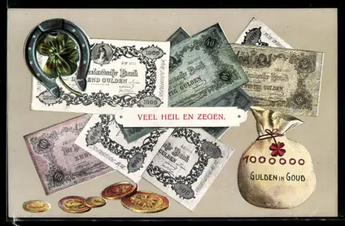 AK niederländische Geldscheine u. Geldstücke, Gulden, Geldsack, Hufeisen, Kleeblatt