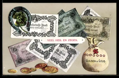 AK niederländische Geldscheine u. Geldstücke, Gulden, Geldsack, Hufeisen, Kleeblatt