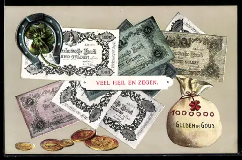 AK niederländische Geldscheine u. Geldstücke, Gulden, Geldsack, Hufeisen, Kleeblatt