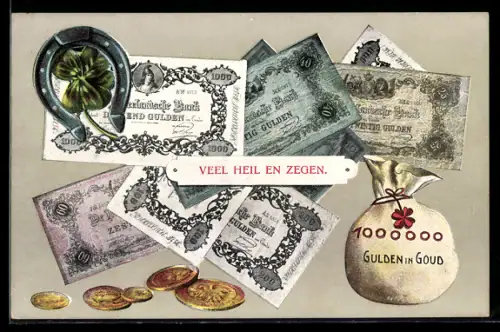 AK niederländische Geldscheine u. Geldstücke, Gulden, Geldsack, Hufeisen, Kleeblatt