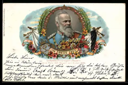 Lithographie Bamberg, Portrait Prinzregent Luitpold, Anlasskarte Grundsteinlegung des Denkmals 1898