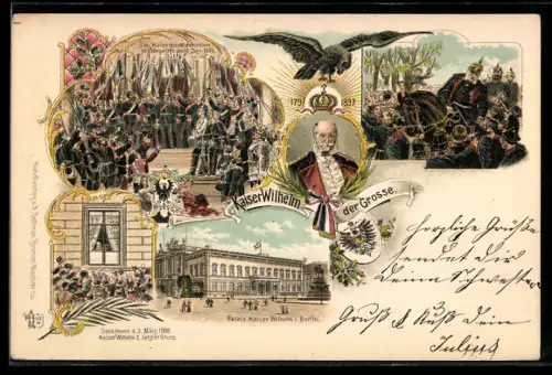 Lithographie Berlin, Kaiser Wilhelm I., Kaiserproklamation, Palais Kaiser Wilhelm, Kaiser Wilhelm I. letzter Gruss