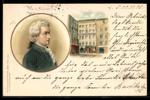 AK Mozart Portrait und Geburtshaus