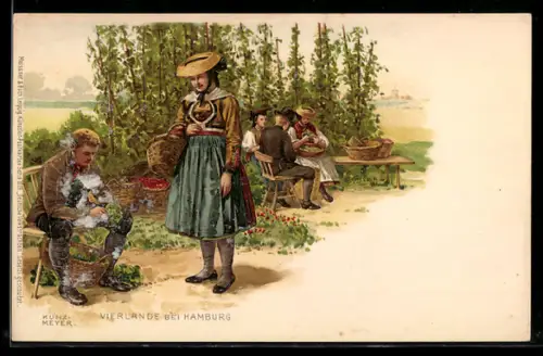 Lithographie Vierlande bei Hamburg, Obstbauern in Tracht