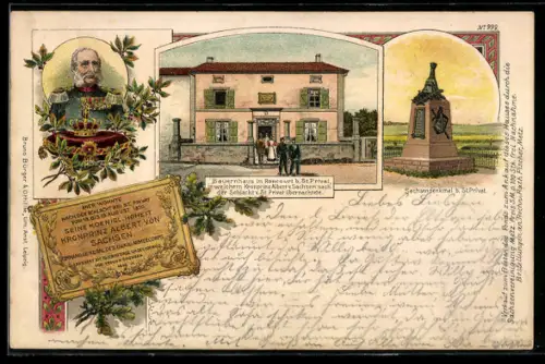 Lithographie Kronprinz Albert von Sachsen, Bauernhaus in Roncourt, Sachsendenkmal bei St. Privat