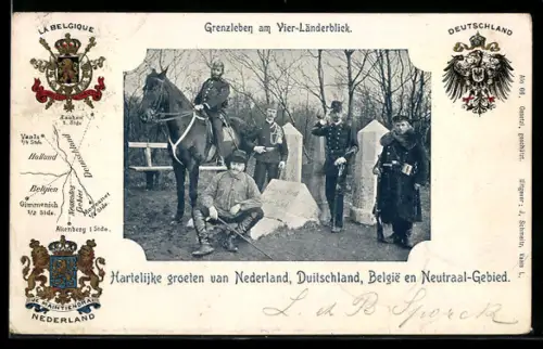 AK Grenzleben am Vier-Länderblick, Hartelijke groeten van Nederland, Duitschland, Belgie en Neutraal-Gebied