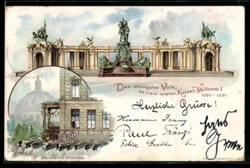 Lithographie Berlin, Kaiser Wilhelm I.-Denkmal, Historisches Eckfenster, 100-Jahrfeier 1797-1897