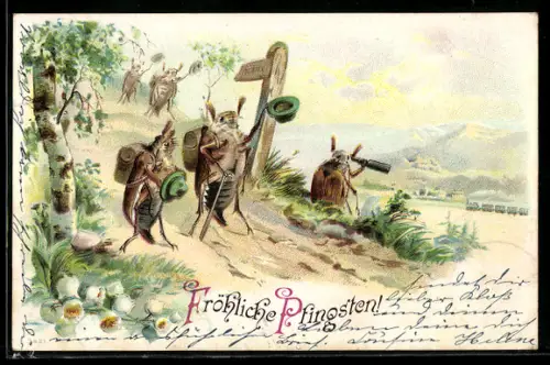 Lithographie Maikäfer wandern, einer beobachtet per Fernrohr die Eisenbahn