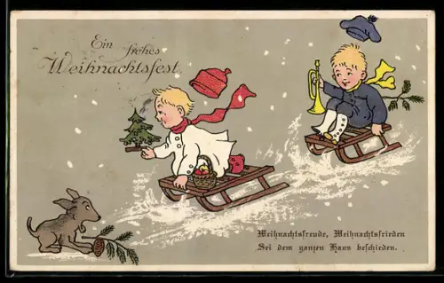 AK Zwei Kinder fahren Schlitten, Weihnachtsgruss