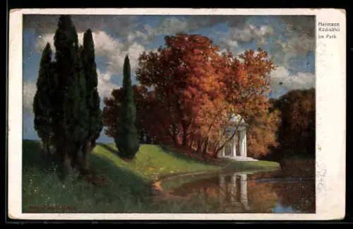 Künstler-AK Hermann Rüdisühli: Park im Herbst mit Tempel am See