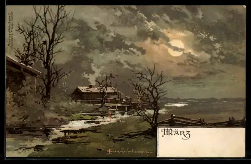 Künstler-AK T.Guggenberger: Monatsgrüsse März, Regen liegt in der Luft, Ortschaft