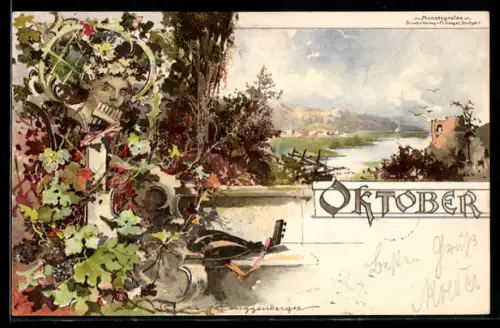 Künstler-AK T.Guggenberger: Monatsgrüsse Oktober, Pan mit Panflöte, Allegorie