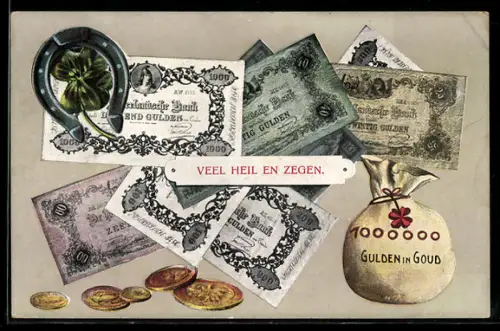 AK niederländische Geldscheine u. Geldstücke, Gulden, Geldsack, Hufeisen, Kleeblatt