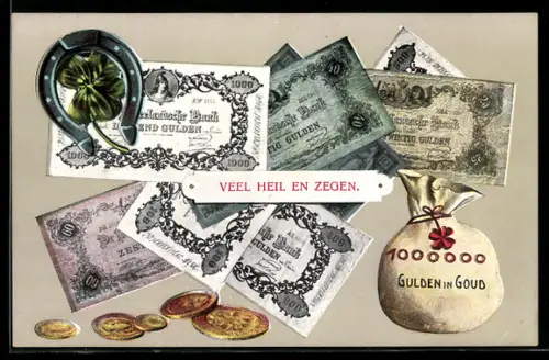 AK niederländische Geldscheine u. Geldstücke, Gulden, Geldsack, Hufeisen, Kleeblatt