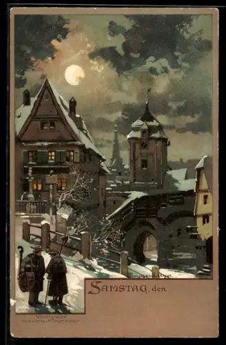 Künstler-AK Theodor Guggenberger: Samstag, Ortspartie im Winter